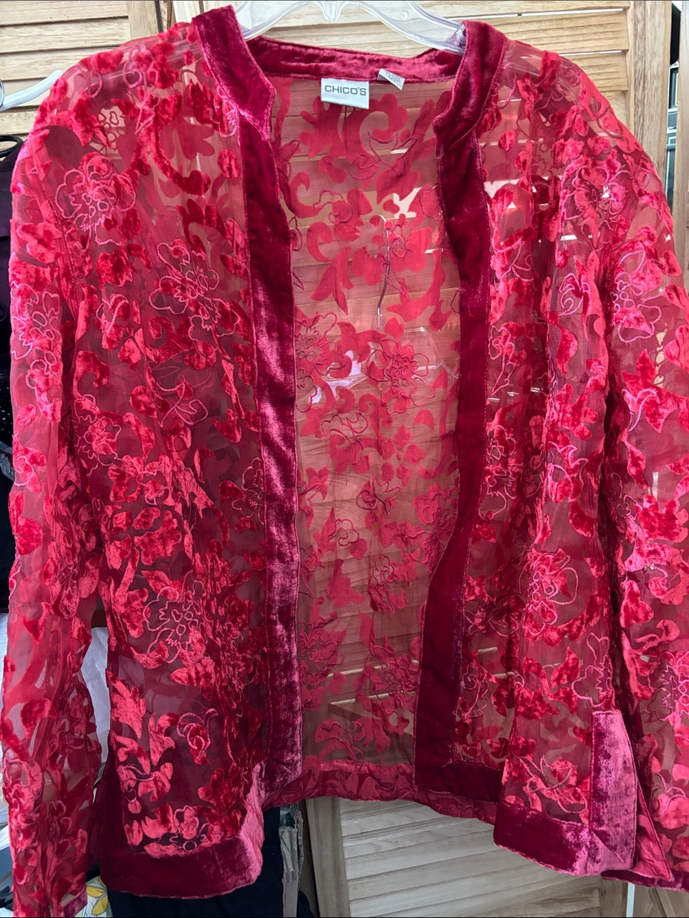 Chico's Sheer Red Cut Velvet Floral Velvet-Trim Jacket 3 XL